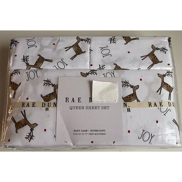 Rae Dunn JOY Reindeer Christmas Holiday Soft Queen Size Sheet Set 4 Piece NEW - Picture 1 of 14